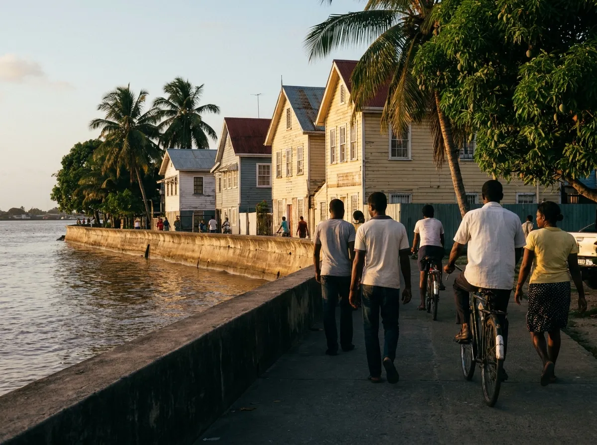 Digue du front de mer de Georgetown au Guyana, maisons coloniales en bois peint, estuaire aux eaux brunes, passants et cyclistes en fin de journée.