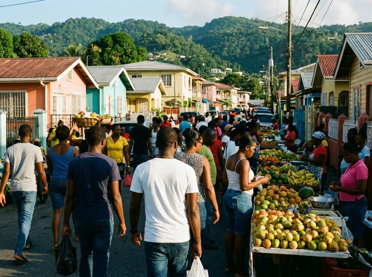 Rue animée de Port of Spain, maisons basses colorées adossées à des collines vertes, étals de fruits et foule de fin d'après-midi.