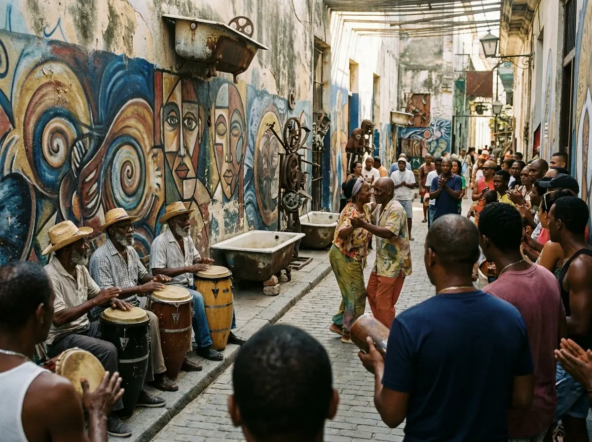 Couple dansant la rumba devant des joueurs de conga dans le Callejón de Hamel à La Havane, ruelle aux fresques colorées et aux baignoires sculptées.