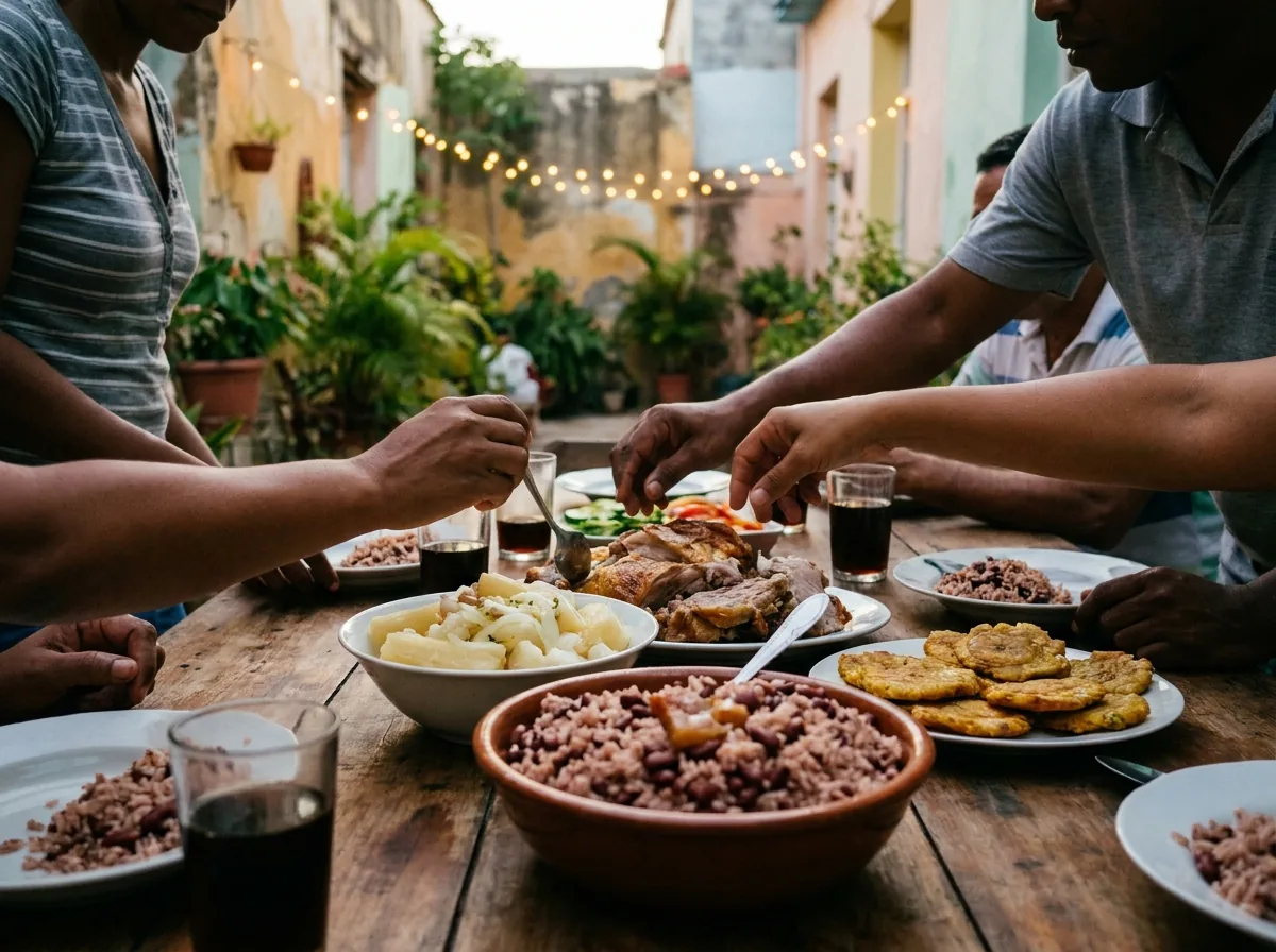 Table de fin d'année dans une cour cubaine, saladier de congrí, cochon rôti, yuca à l'oignon et tostones, des mains qui se passent les plats.