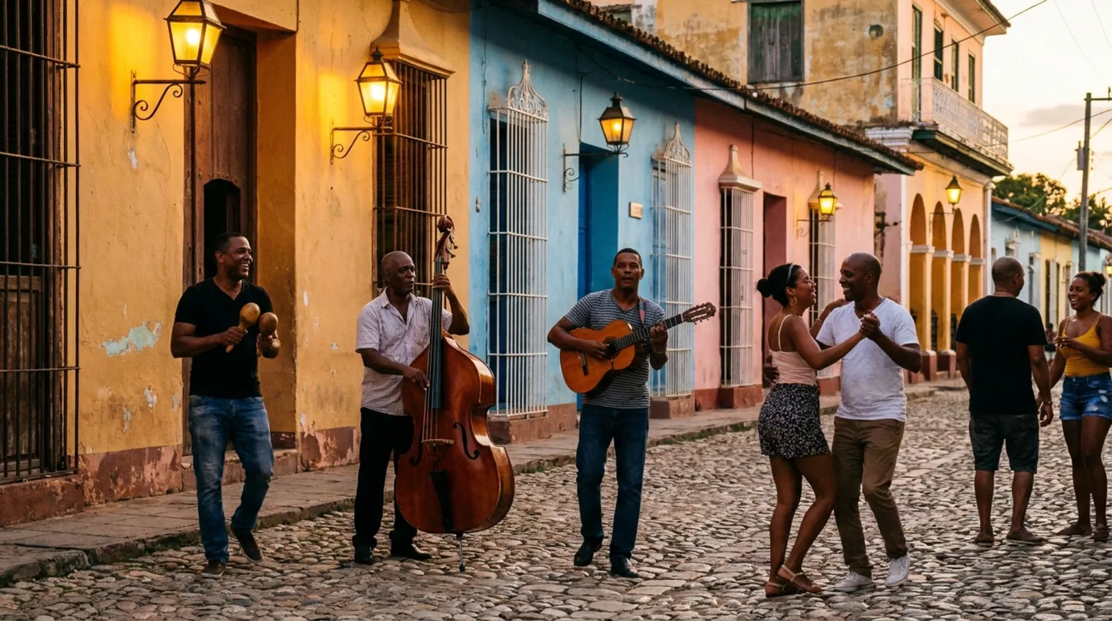 Groupe de musiciens jouant contrebasse, guitare et maracas dans une rue coloniale colorée au crépuscule, un couple dansant à côté.