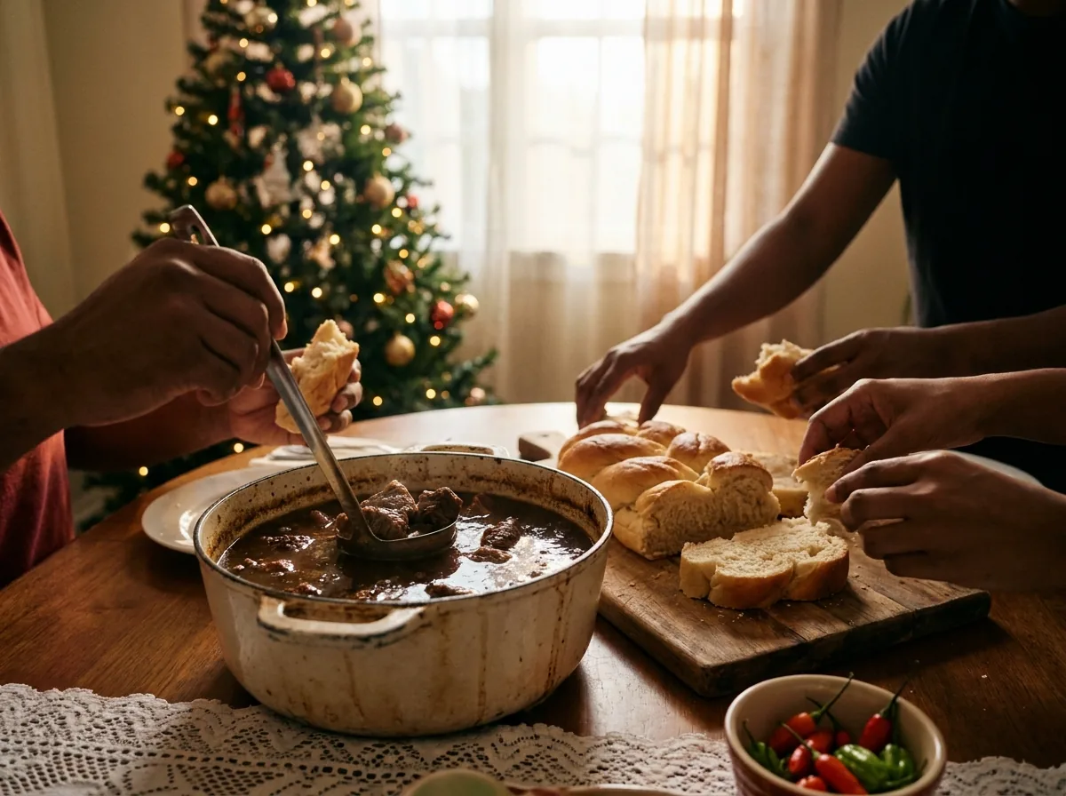 Cocotte de pepperpot sombre et pain tressé sur une table familiale, des mains qui se servent, un sapin de Noël illuminé à l'arrière-plan.