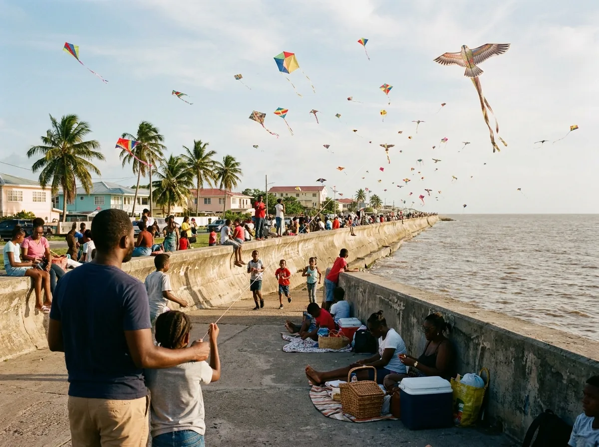Cerfs-volants de toutes formes au-dessus du seawall de Georgetown, un père et sa fille tenant la ficelle, des familles pique-niquant sur la digue.