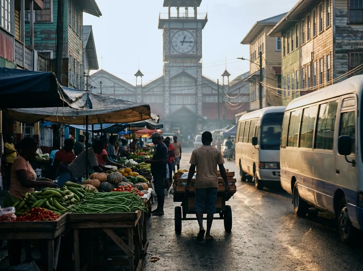 Étals de bananes plantains, haricots longs et giraumons à l'aube devant le marché de Stabroek à Georgetown, sa tour-horloge et des minibus.