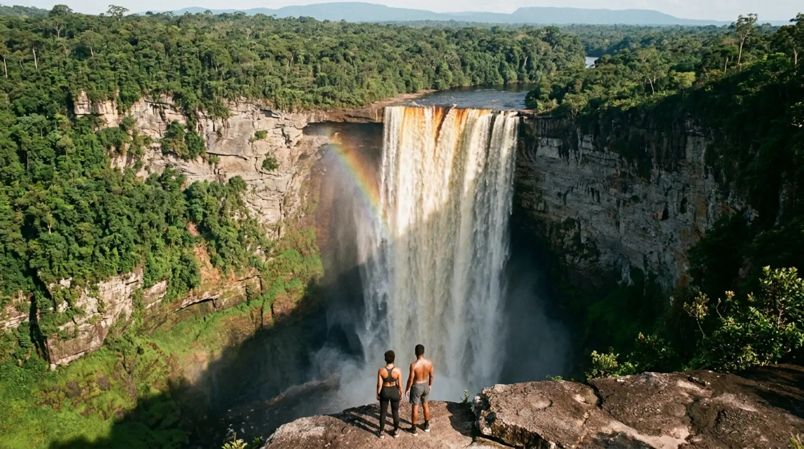 Les chutes de Kaieteur au Guyana, un seul jet d'eau ambrée plongeant dans une gorge au milieu de la forêt tropicale.