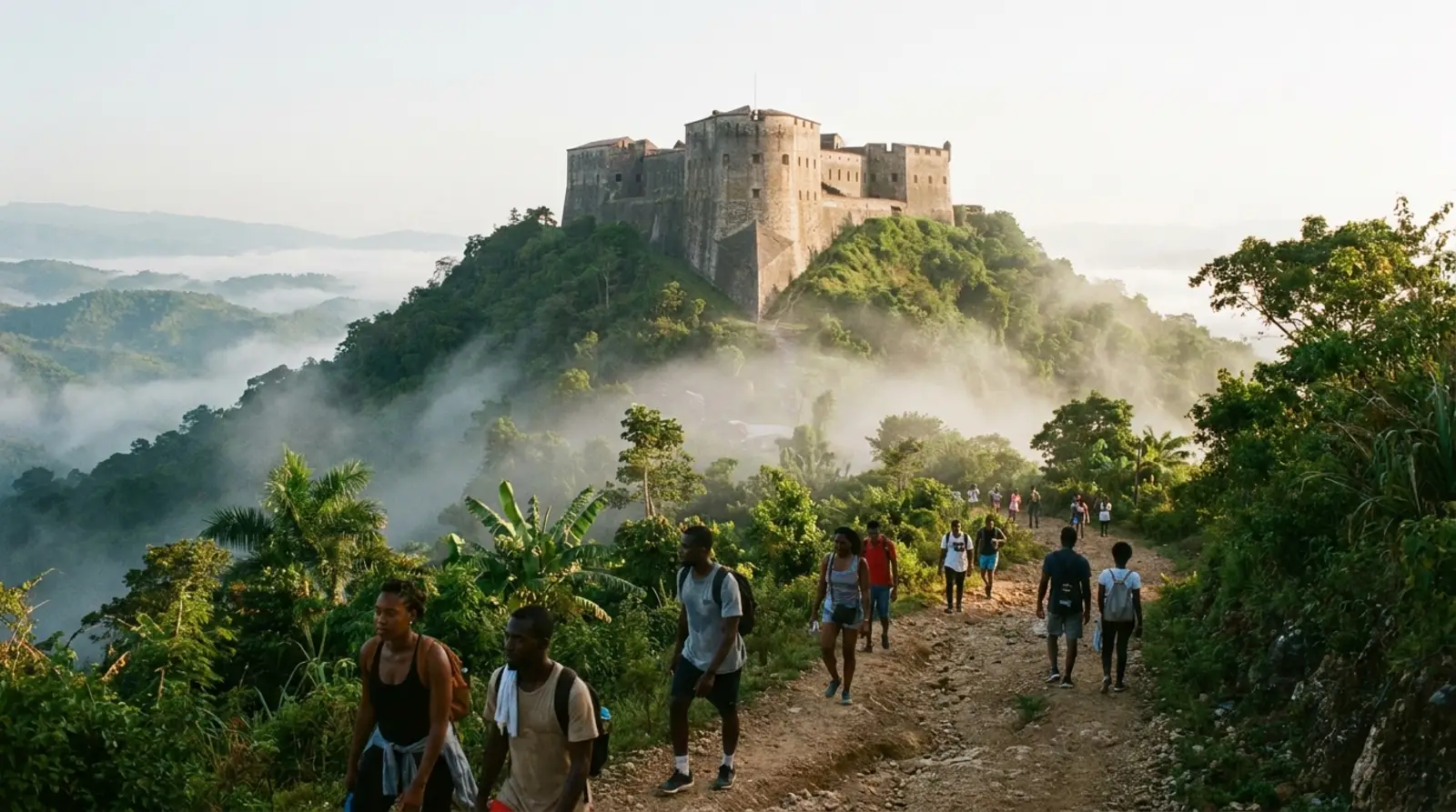 La Citadelle Laferrière au sommet d'une montagne verdoyante du nord d'Haïti, dans la brume du matin.