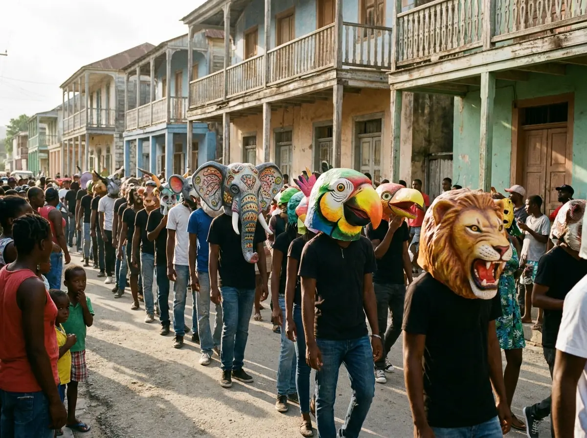 Jeunes coiffés de masques géants en papier mâché, éléphant, perroquet et lion, défilant dans une rue de Jacmel bordée de maisons à galeries.