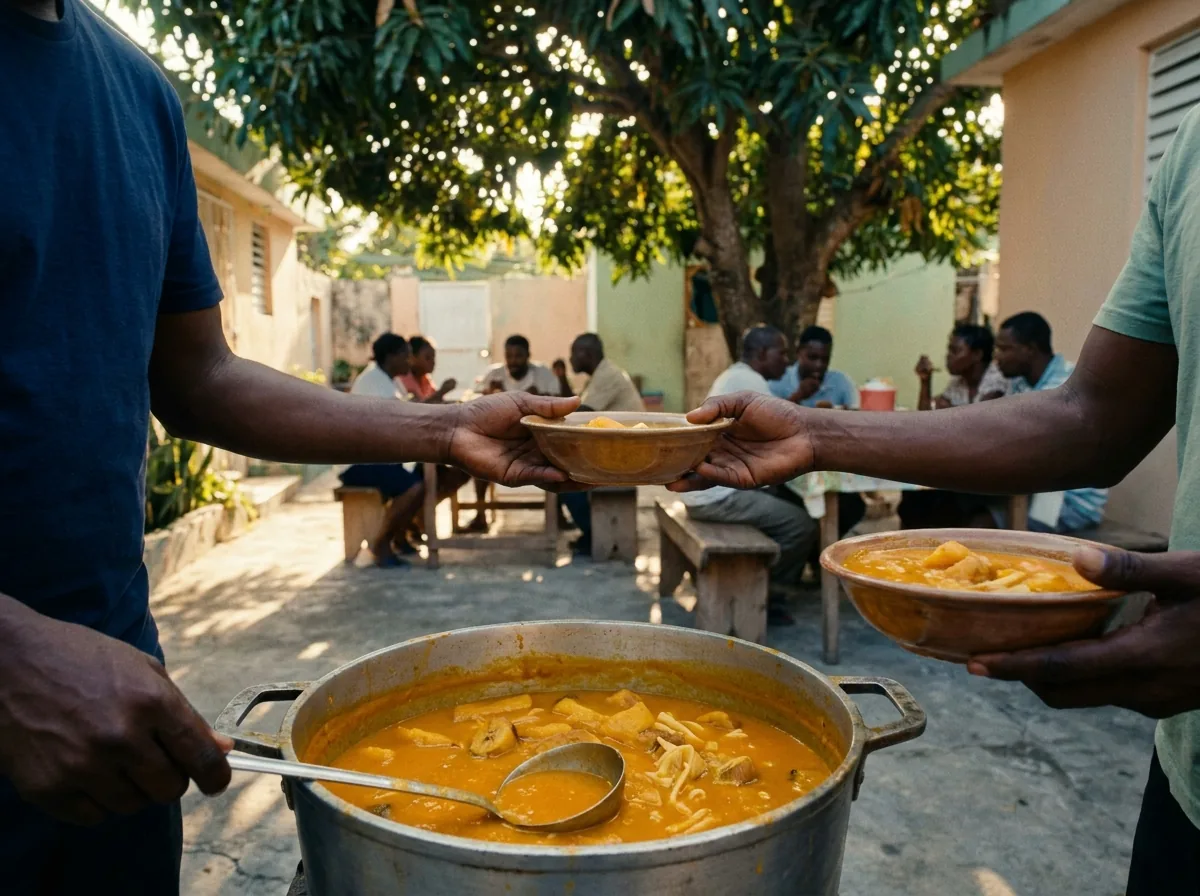 Marmite de soupe joumou orange aux bananes plantains et aux pâtes, des bols passés de main en main dans une cour familiale sous un manguier.