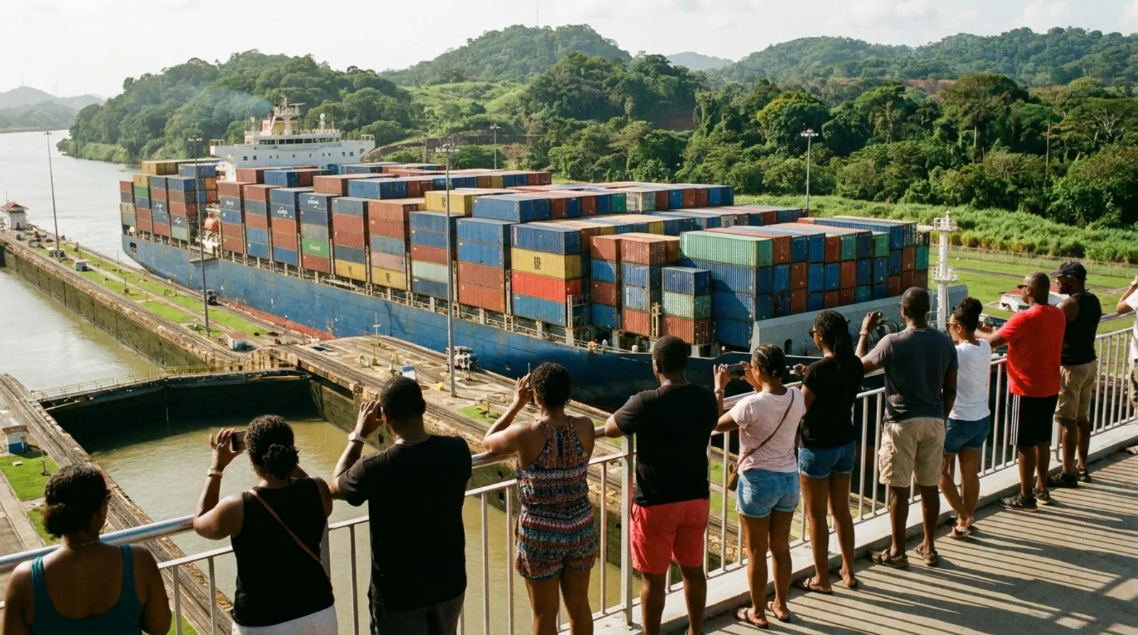 Porte-conteneurs coloré dans un sas des écluses de Miraflores sur le canal de Panama, entre des collines tropicales.