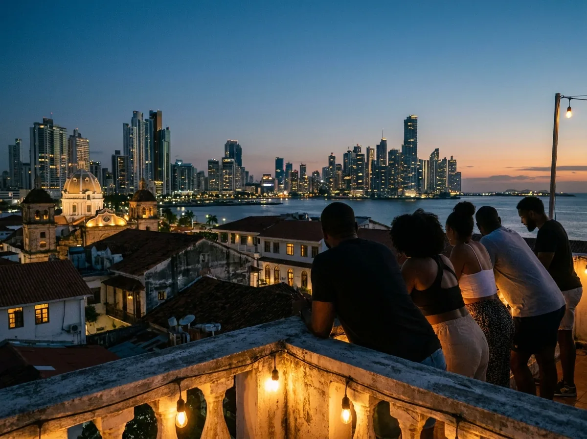 Amis accoudés au parapet d'une terrasse sur les toits du Casco Antiguo à la tombée de la nuit, face aux tours illuminées de Panama City.