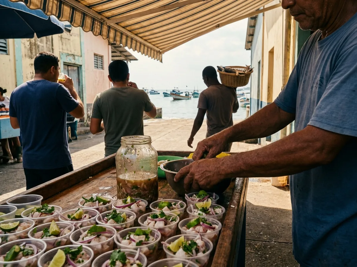 Gobelets de ceviche alignés sur le comptoir d'une cevichería du marché aux poissons de Panama, un pêcheur emportant un panier de poissons vers le quai.
