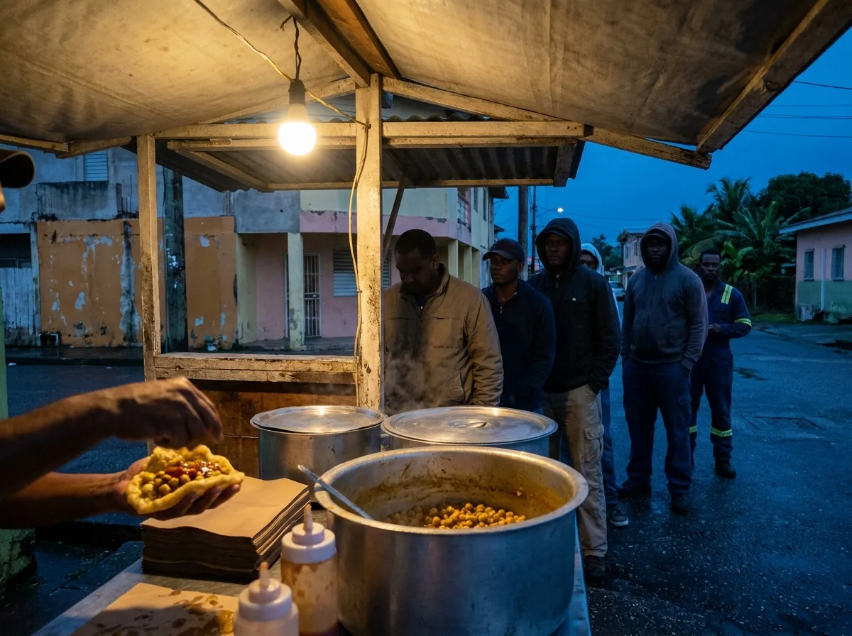 Cuisinier garnissant un double de pois chiches sous une ampoule, avant l'aube, devant une file de clients au bord d'une route de Trinité.