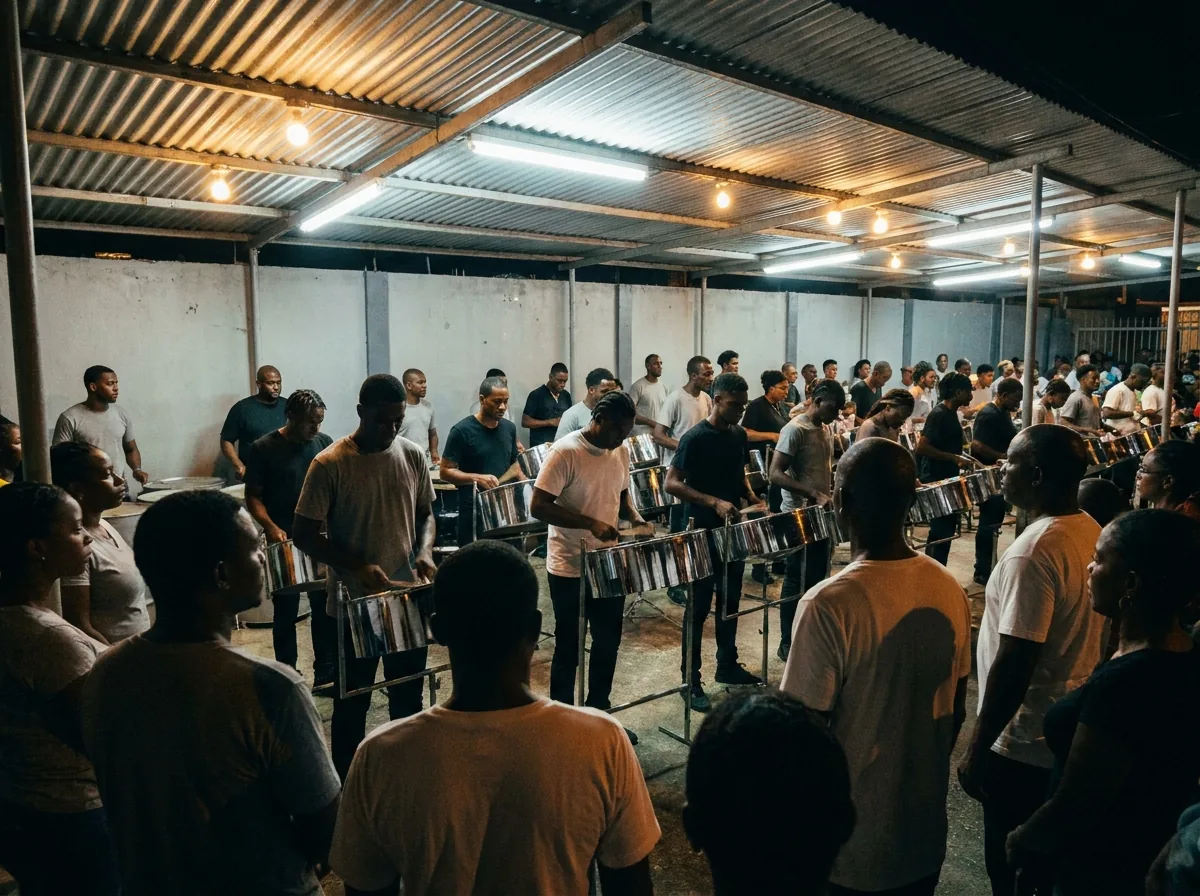 Steelband en répétition de nuit sous un toit de tôle à Port of Spain, rangées de pans chromés et public debout tout autour de l'orchestre.
