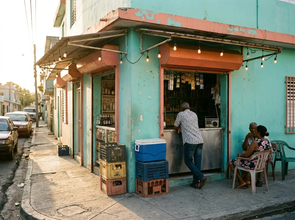 Devanture turquoise d'un colmado de Saint-Domingue en fin d'après-midi, un client au comptoir et deux voisins assis sur des chaises en plastique.
