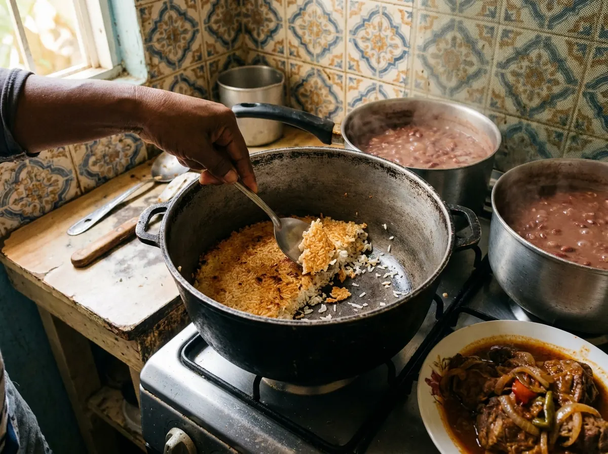 Main grattant à la cuillère le riz doré et croustillant au fond d'un caldero, près d'une marmite de haricots rouges et d'un plat de viande en sauce.