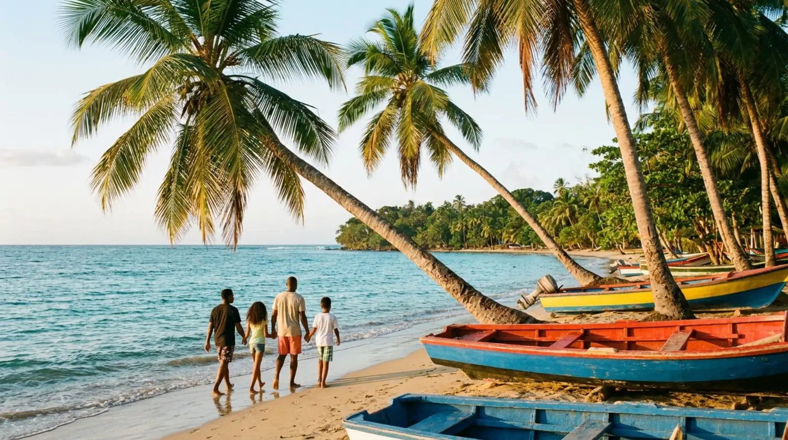 Plage de la péninsule de Samaná bordée de cocotiers, barques de pêcheurs colorées et famille marchant au bord de l'eau.