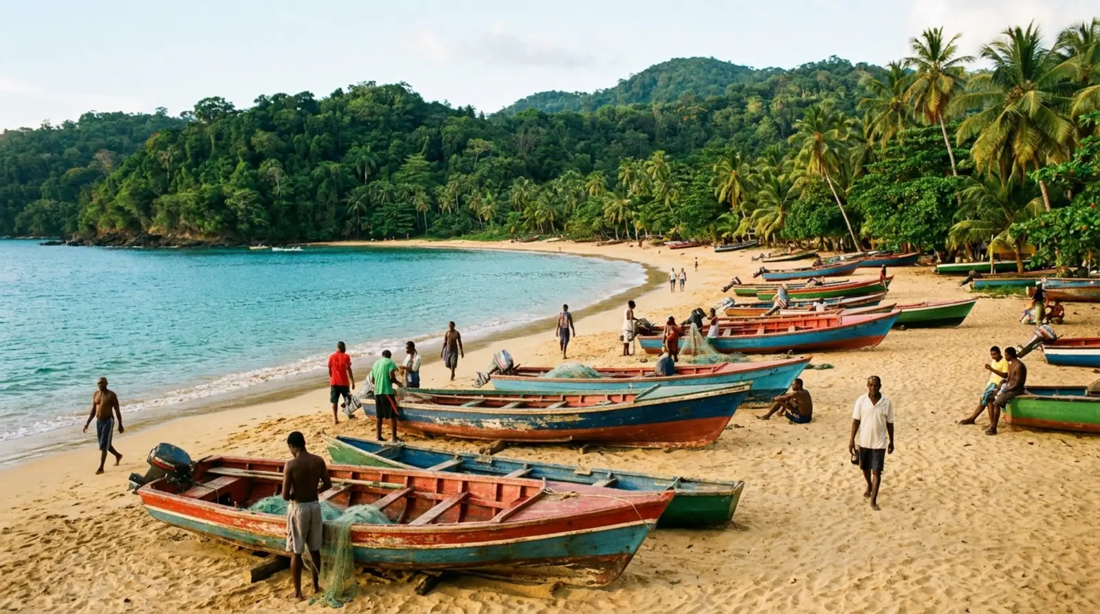 Baie de Tobago en croissant, sable doré, eau turquoise et barques de pêcheurs en bois peint échouées au pied de collines boisées.