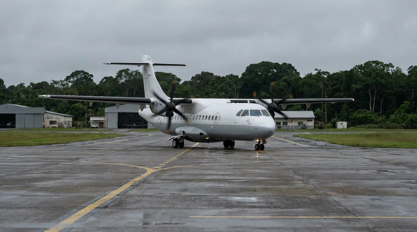 Turbopropulseur non marqué au roulage sur une plateforme aéroportuaire guyanaise sous ciel couvert, vu de trois quarts.